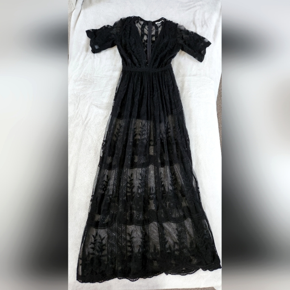 Honey Punch Black Lace Maxi Romper Dress